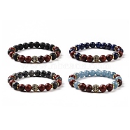 4Pcs Natural Larvikite & Quartz(Dyed) & Lava Rock & Lapis Lazuli and Wood Beads Stretch Bracelets Set, Brass Micro Pave Cubic Zirconia Jewelry for Women Men, Inner Diameter: 2-1/8 inch(5.3cm)(BJEW-JB08934)