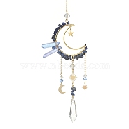 Natural Lapis Lazuli Chips & Brass Moon Pendant Decorations, with Glass Cone and Brass Sun/Star/Moon Charms, for Home Decorations, 325mm(HJEW-TA00066-03)