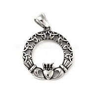 304 Stainless Steel Trinity Claddagh Crown Heart Pendants, Antique Silver, 34.5x31.5x4mm, Hole: 7x4mm(STAS-P309-10AS)