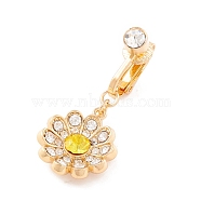 Flower Rhinestone Charm Belly Ring, Clip On Navel Ring, Non Piercing Jewelry for Women, Golden, Citrine, 35mm(AJEW-F057-19G)