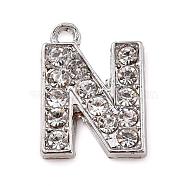 Alloy Rhinestone Letter Charms, Platinum Metal Color, Letter.N, 17x12x2mm, Hole: 1.5mm(RB-A052-N01)