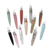 Natural Gemstone Brass Pendants, Cadmium Free & Lead Free, Bullet Shaped, Silver Color Plated, 33~37x4~5mm, Hole: 2mm(G-B025-02P)