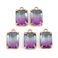 Gradient Color Glass Pendants, with Brass Prong Settings, Faceted, Rectangle, Light Gold, Orchid, 17x10x5.5mm, Hole: 1.6mm(GLAA-S193-008-A08)