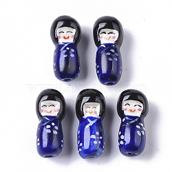 Handmade Porcelain Beads, Famille Rose Style, Japanese Kokeshi Doll Shape, Dark Blue, 25.5~27.5x11.5~12.5x11.5~12.5mm, Hole: 1.6~2mm(PORC-N004-A-45)