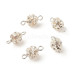 Brass Crystal Rhinestone Connector Charms, with 304 Stainless Steel Loops, Round, Silver, 15x6.5mm, Hole: 2mm(PALLOY-JF01361-03)