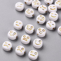 Opaque White Acrylic Beads, Metal Enlaced, Flat Round with Expression, Golden Plated, 7x4mm, Hole: 1.6mm, about 3212pcs/440g(MACR-N008-42-B01)