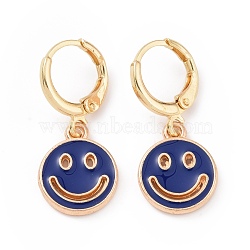 Hollow Out Smiling Face Enamel Hoop Earrings for Women, Double Side Light Gold Tone Alloy Dangle Earrings, Dark Blue, 25mm, Pin: 0.7mm(EJEW-G304-01KCG-05)