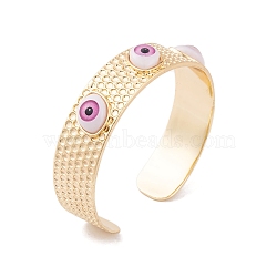 Evil Eye Brass Enamel Wide Open Cuff Bangles for Women, Real 18K Gold Platend, White, Inner Diameter: 2-1/4~2-3/8 inch(5.7~6cm), 17mm(BJEW-S147-08G-01)