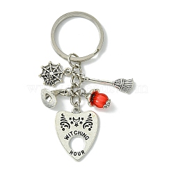 Tibetan Style Alloy Pendants Keychain, with Iron Split Key Rings, with Transparent Acrylic Beads, Heart, Antique Silver & Platinum, 8cm(KEYC-JKC00833)