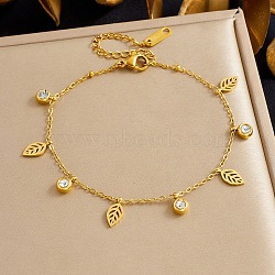 304 Stainless Steel & Rhinestone Charm Bracelets, Cable Chain Bracelets for Women, Leaf & Flat Round, Golden, 6.89 inch(17.5cm)(BJEW-B171-15G)