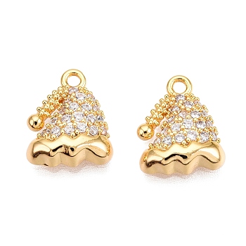 Christmas Theme Brass Pave Clear Cubic Zirconia Charms, Christmas Hat, Real 18K Gold Plated, 12x9.5x3mm, Hole: 1mm