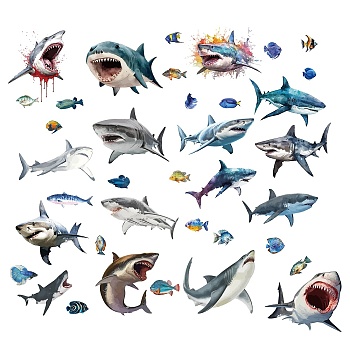 8 Sheets 8 Styles PVC Waterproof Wall Stickers, Self-Adhesive Decals, for Window or Stairway Home Decoration, Rectangle, Shark, 200x145mm, about 1 sheets/style