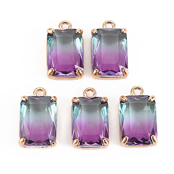 Gradient Color Glass Pendants, with Brass Prong Settings, Faceted, Rectangle, Light Gold, Orchid, 17x10x5.5mm, Hole: 1.6mm