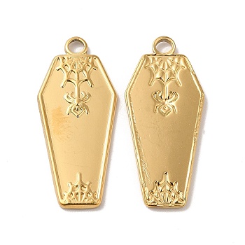 Ion Plating(IP) Halloween 304 Stainless Steel Pendants, Coffin with Spider Charm, Real 18K Gold Plated, 32x14x2mm, Hole: 2.5mm