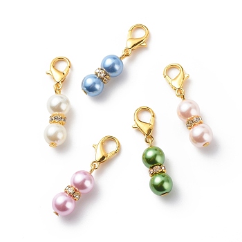 Baking Painted Pearlized Glass Pearl Round Beads Gourd Pendant Decorations, with Alloy Lobster Claw Clasps, Middle East Rhinestone Spacer Beads, Mixed Color, 33mm