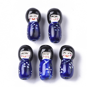 Handmade Porcelain Beads, Famille Rose Style, Japanese Kokeshi Doll Shape, Dark Blue, 25.5~27.5x11.5~12.5x11.5~12.5mm, Hole: 1.6~2mm