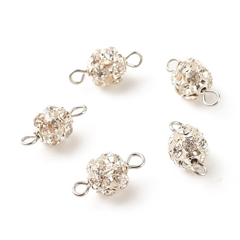 Brass Crystal Rhinestone Connector Charms, with 304 Stainless Steel Loops, Round, Silver, 15x6.5mm, Hole: 2mm