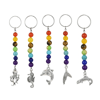 Marine Animal Alloy Keychains, with Chakra Natural & Synthetic Gemstone Beads and 304 Stainless Steel Keychain Ring, Mixed Shapes, Antique Silver & Stainless Steel Color, 100~113mm