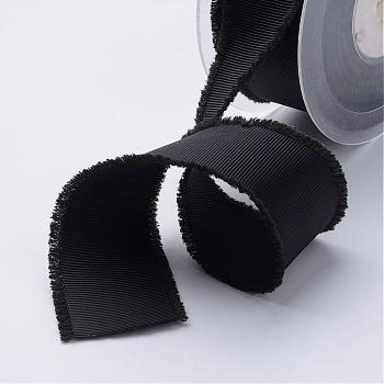 Polyester Frayed Grosgrain Ribbons, Printed, with Fringe Tassel, Black, 5/8 inch(16mm), about 50yards/roll(45.72m/roll)
