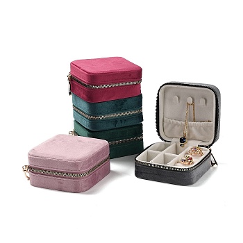 Square Velvet Jewelry Storage Zipper Boxes, Portable Travel Jewelry Case for Rings Earrings Bracelets Storage, Mixed Color, 10x10x4.85cm