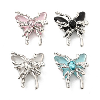 Rack Plating Alloy Resin Pendants, Glass Butterfly Charms, Long-Lasting Plated, Lead Free & Cadmium Free, Platinum, Mixed Color, 35x29x9.5mm, Hole: 3.2mm