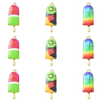 30Pcs 3 Styles Printed Alloy Pendants, Lead Free & Cadmium Free & Nickel Free, Golden, Ice Lolly Charm, Mixed Color, 27x10x2.5mm, Hole: 1.4mm, 10pcs/style