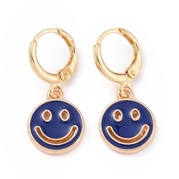 Hollow Out Smiling Face Enamel Hoop Earrings for Women, Double Side Light Gold Tone Alloy Dangle Earrings, Dark Blue, 25mm, Pin: 0.7mm