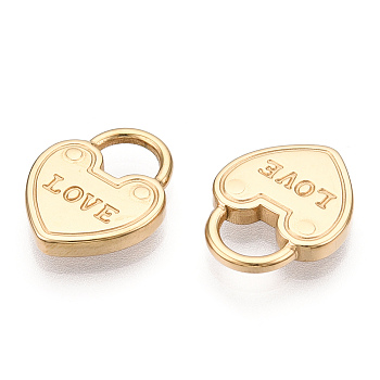 Valentine's Day 304 Stainless Steel Pendants, Manual Polishing, Heart Padlock with Word Love Charm, Real 14K Gold Plated, 16x13x2.5mm, Hole: 5x6mm