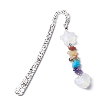 Chakra Gemstone Chip Beaded Pendant Bookmark with Glitter Acrylic Star & Heart, Flower Pattern Tibetan Style Alloy Hook Bookmarks, Colorful, 124x21x2.5mm