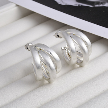 C-Shaped Brass Multi-Strand Half Hoop Stud Earrings for Women, Silver, 23x17mm