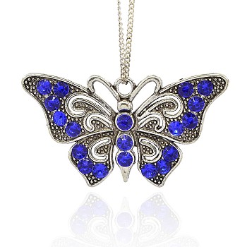 Vintage Butterfly Pendant Necklace Findings, Alloy Rhinestone Pendants, Antique Silver, Sapphire, 37x67x7mm, Hole: 4mm
