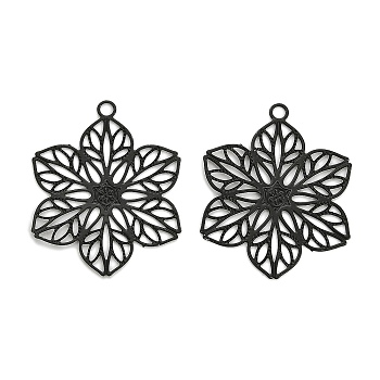 Spray Painted 430 Stainless Steel Pendants, Etched Metal Embellishments, Flower Charm, Black, 24.5x19.5x0.3mm, Hole: 1.6mm