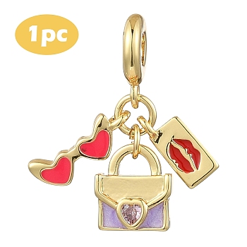 1Pc Valentine's Day Brass Clear Cubic Zirconia Makeup European Dangle Charms, Enamel Bag Large Hole Pendants, Real 18K Gold Plated, Long-Lasting Plated, Cadmium Free & Lead Free, Hot Pink, 29mm, Hole: 4.5mm, Pendant: 13~16x5~11x1.5~3.5mm