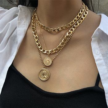 Punk Flat Round with Human Pattern Alloy Multi Layered Necklaces, Golden, 15.75 inch(40cm)