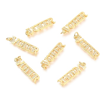 Brass Micro Pave Clear Cubic Zirconia Pendants, Long-Lasting Plated, with Jump Ring, Word Voier, Real 18K Gold Plated, 22x5x1.5mm, Hole: 2.6mm