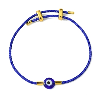 Lampwork Evil Eye & Brass Beaded Bangle, Stainless Steel Twist Rope Adjustable Bangles for Women, Medium Blue, Inner Diameter: 2~3-1/2 inch(5~9cm), 2mm