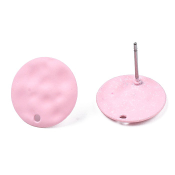 Spray Painted Iron Stud Earring Findings, with Hole, Flat Round, Pink, 14mm, Hole: 1.4mm, Pin: 0.7mm