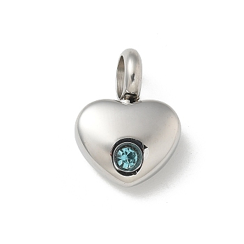 304 Stainless Steel Rhinestone Pendants, Heart, Stainless Steel Color, Aquamarine, 16.5x12.5x6mm, Hole: 5mm