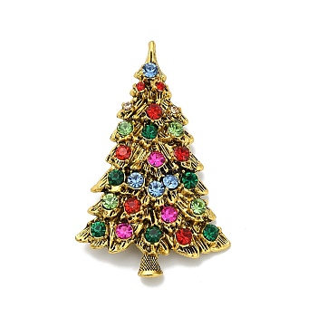 Christmas Tree Alloy Rhinestone Brooches Pins, for Backpack Clothes, Antique Golden, 62x39mm