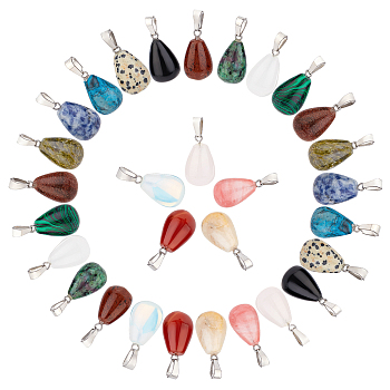 30Pcs 15 Colors Gemstone Pendants, with Platinum Tone Brass Findings, Teardrop, 21~24x12~14mm, Hole: 2x7mm