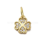 925 Sterling Silver Micro Pave Clear Cubic Zirconia Charms, Four Leaf Clover Charms with Jump Rings, Golden, 8x7x1mm, Hole: 3.5mm(STER-S010-03B-G)