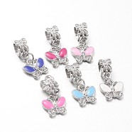 Butterfly Alloy Rhinestone Enamel European Dangle Charms, Large Hole Pendants, Antique Silver, Mixed Color, 23mm, Hole: 5mm(MPDL-L014-01)