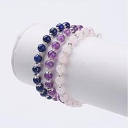 Natural Gemstone Beads Stretch Bracelets, with Brass Bead Caps, Silver Color Plated, 1-7/8 inch(46mm)(BJEW-JB02858)