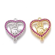 Brass Micro Pave Purple Cubic Zirconia Pendants, Long-Lasting Plated, Heart with Hand, Mixed Color, 16x14x2.5mm, Hole: 1mm(ZIRC-Z008-26)