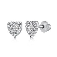 Rhodium Plated 925 Sterling Silver Micro Pave Cubic Zirconia Heart Stud Earrings for Woman, Real Platinum Plated, Clear, 5x6mm(EJEW-P231-75B)