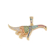 Brass Micro Pave Cubic Zirconia Pendants, Real 18K Gold Plated, Dinosaur, Colorful, 21x38x4mm, Hole: 6x3mm(KK-E111-45C-G)