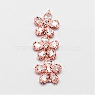 Brass Micro Pave Cubic Zirconia Links, Clear, Flower, Rose Gold, 42x14x5mm, Hole: 1.5mm(ZIRC-A003-02RG)