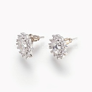Cubic Zirconia Stud Earrings, with Brass Findings, Oval, Clear, Platinum, 13x10.5x4mm, Pin: 0.8mm(EJEW-P167-03P)