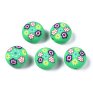 Handmade Polymer Clay Beads, for DIY Jewelry Crafts Supplies, Flat Round with Flower, Pale Green, 12x8.5mm, Hole: 1.6mm(CLAY-N008-026D)
