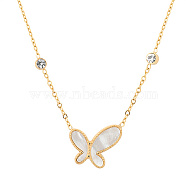 Natural Shell Butterfly Pendant Necklace with Cubic Zirconia, Stainless Steel Necklace, Golden, 16.54 inch(42cm)(KA9286-2)